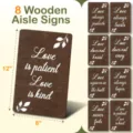 Detailed view of wooden wedding aisle signs set showing rustic quotes and 12x8 size. - Table Sign Style 3