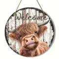 Rustic round wooden hanging sign featuring a cute Highland cow and Welcome text for home decor. - Style 6 (Highland Cow Welcome)