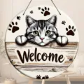 Plaque de porte en bois chat mignon décoration murale rustique pour maison et jardin - Style 2 (Chat Bienvenue)