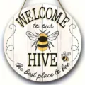 Rustic wooden hanging sign featuring a cute bee design and welcome text for farmhouse home decor. - Style 5 (Bee Welcome)