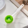 Long handled cleaning brush with sponge ball kitchen dishwashing pot cleaning tool white color - Scouring Pad Sponge Pot Brush / White and Green