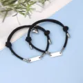 Stainless steel couple matching bracelets with black woven rope, magnetic heart design, chic jewelry. - Magnetic Heart Stainless Steel Bar Black Pair