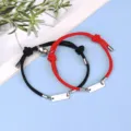 Couple braided magnetic heart bracelet set with stainless steel tag for lovers and friends. - Magnetic Heart Stainless Steel Bar Black and Red Pair