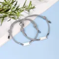 Couple matching Milan rope braided bracelets with magnetic heart and stainless steel charm bars. - Magnetic Heart Stainless Steel Bar Gray Pair