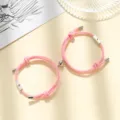 Pink braided rope couple magnetic matching bracelets with sun and moon charm for lovers. - Milan Cord Sun Moon Pink Pair