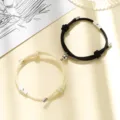 Couple magnetic sun moon braided bracelet set, stylish alloy couple jewelry accessory. - Milan Cord Sun Moon Black and Off-White Pair