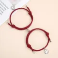 Couple magnetic attraction red braided rope bracelets with cute smile face pendants for lovers. - One Pair / Burgundy