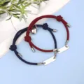 Couple magnetic heart cord bracelets with stainless steel tag details matching item. - Magnetic Heart Stainless Steel Bar Wine Red and Dark Blue Pair
