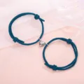 Magnetic couple heart bracelets set, dark blue woven rope matching friendship bracelets for lovers. - Minimalist Peacock Blue Pair