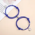 Blue handmade woven magnetic couple bracelets with cute silver smiley face charms set. - One Pair / Sapphire Blue