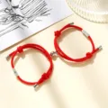 Red cord magnetic couple bracelets with sun and moon charms, matching alloy detail for lovers. - Milan Cord Sun Moon Red Pair