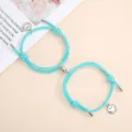 Handmade magnetic couple bracelets with cute smiley charms and woven ropes for lovers. - One Pair / Lake Blue