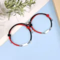Couple matching braided rope bracelets with magnetic heart charm and stainless steel tag details - Magnetic Heart Stainless Steel Bar Black Red Dual Color Pair