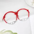 Couple red rope bracelets with magnetic clasp and handcuff charm, minimalist alloy jewelry pair. - Handcuff Red Pair