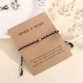 Minimalist woven wish bracelet with golden bead and black white cotton cord for women jewelry - Black and White Striped (F6)