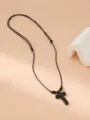 Black cross pendant necklace detail view, adjustable wax cord, minimalist unisex jewelry design. - Cross Necklace / Black