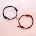 Couple magnetic heart braided bracelet set, minimalist rope wristband jewelry for lovers. - Minimalist Blue and Wine Red Pair