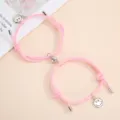 Pink magnetic couple bracelet handmade braided rope with cute smiley face charm pair gift - One Pair / Pink