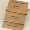 Stainless steel Morse code couple bracelet set in gold and silver colors with gift card design. - 1 Pair Set / Gold and Silver