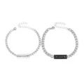 Close-up detail of stainless steel couple bracelets with engraved matching text tags. - Pair of NK Chain Bracelets (crazy weirda)