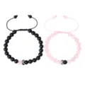 Set di bracciali di coppia con perline nere opache e perline di cristallo rosa, regolabile. - Quarzo Rosa Nero Opaco Intrecciato (Coppia)