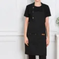 Black Canvas Bib Apron Adjustable Neck Strap Kitchen Work Apron with Pockets for Cooking - Black