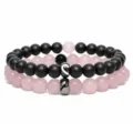 Set di bracciali di perle per coppie con cuore magnetico in acciaio inossidabile lucido. - Set Quarzo Rosa Nero Opaco
