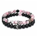 Bracciale di perle di coppia a doppio strato con perle opache rosa e nere e ciondolo. - Set Zebra Rosa Nero Opaco