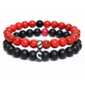 Bracciale di perle di coppia con turchese rosso e pietra opaca nera per uomo e donna - Set Turchese Rosso Nero Opaco