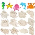 Onbewerkte houten zeedieren uitsparingen blanke vormen kinderen DIY schilderij ambacht - 12-Delige Set (12 Stijlen elk 1 Stuk + Hennepkoord) / 12-delige Set