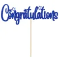 Blue glitter Congratulations cake topper with wooden stick for graduation party decor - With Glue Dots and Wooden Stick / Blue Graduation Cake Topper