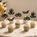 Set of 24 masquerade mask cupcake toppers with black glitter for party decoration. - 24 Pieces Set / Black
