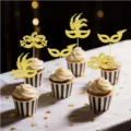 Gold glitter masquerade mask cupcake toppers for party dessert decoration, detail view. - 24 Pieces Set / Gold