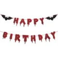 Red glitter bloody bat Happy Birthday banner for scary Halloween party hanging decoration - Halloween Bat Happy Birthday Banners