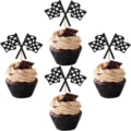 Close-up of black and white checkered racing flag cupcake toppers, perfect for themed parties. - Wooden Sticks with Glue Dots / 12 Pieces/Pack