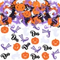 Halloween party confetti decorations with cute pumpkins, ghosts, witch hats and Boo text. - BOO Pumpkin Boots / 100 Pieces