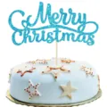 Adorno para tarta azul brillante Merry Christmas para decoración de mesa de fiesta navideña - Adorno de Navidad / Azul