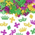 Details of colorful glitter Mardi Gras confetti pieces in gold, green, and purple. - Masquerade Mask Confetti / Pack of 100