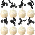 Decoration de gateau moto cross noir paillete toppers pour une fete d anniversaire. - Ensemble de 8 pièces / Avec Points de Colle et Bâtonnets en Bambou