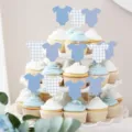 Toppers de cupcake de fête de bébé bleu décorations de gâteau mignons pour anniversaire - Pics Grenouillère Bleue (Avec Points de Colle & Tiges en Bambou) / Lot de 12
