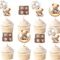 Adorables décorations de cupcakes ours bébé pour fête de genre avec ballons bleus et blocs de bois. - Ensemble de 8 Pièces (Avec Points de Colle et Bâtonnets)