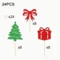 Christmas cake topper set 24pcs glitter tree bow gift dessert cupcake decoration party - With Glue Dots and Wooden Stick / Set of 24