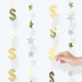 Guirlande suspendue étoile pailletée et signe dollar doré pour fête anniversaire. - 3 Mètres / Guirlandes suspendues dollar américain et étoile (1 pièce chacune)