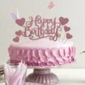 Conjunto de topper para pastel de cumpleaños con purpurina rosa y corazones mariposas. - Adornos para tarta HB de corazón oro rosa