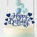 Set de topper para pastel de cumpleaños con purpurina azul, corazones y globos. - Decoración para tarta Happy Birthday con corazón azul