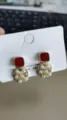 French vintage square pearl earrings, elegant red enamel and sparkling rhinestone jewelry variant. - Burgundy