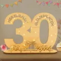 Wooden 30th birthday number decoration sign with led lights and engraved german blessing. - 30
