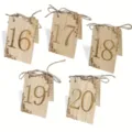 Wooden table number cards with twine bow and floral engraving for wedding party decor. - Numbers 16-20