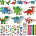 Kids DIY dinosaur craft kit with wooden models, stickers, and colorful markers set. - Dinosaur Theme