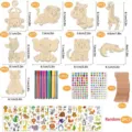 Kids DIY wooden animal craft painting set with colorful pens and rhinestone stickers. - Animal Theme Set